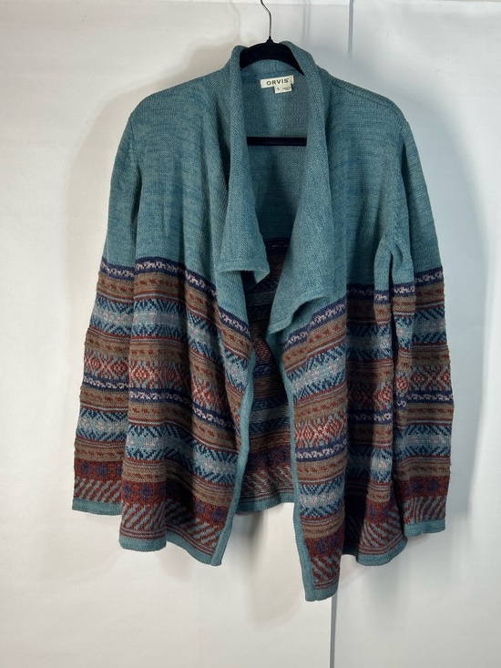 Orvis Sweaters - Orvis Teal Open-Front Fair Isle Knit Cardigan with Rust and Brown Accents